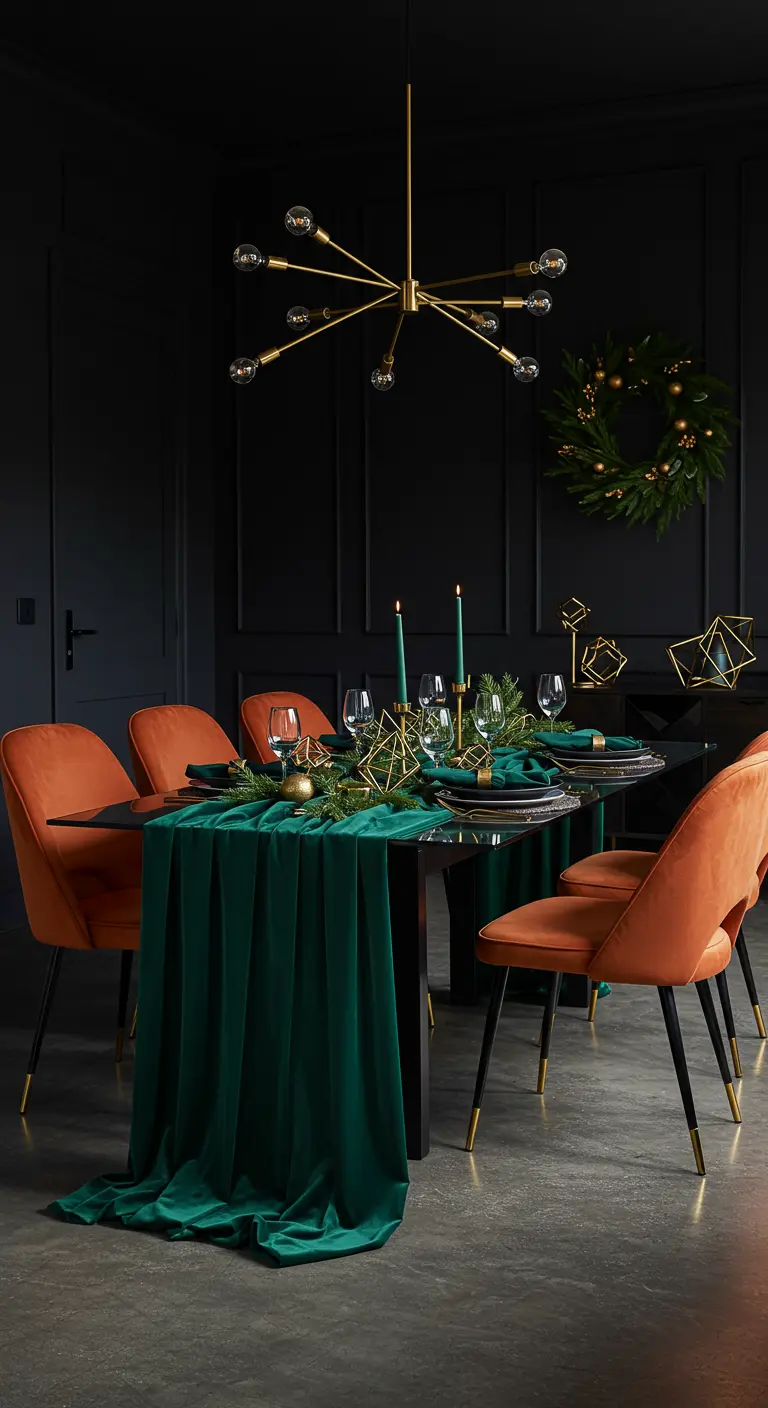 Chemin de table en velours émeraude avec des bougies dorées et des décorations de Noël.
