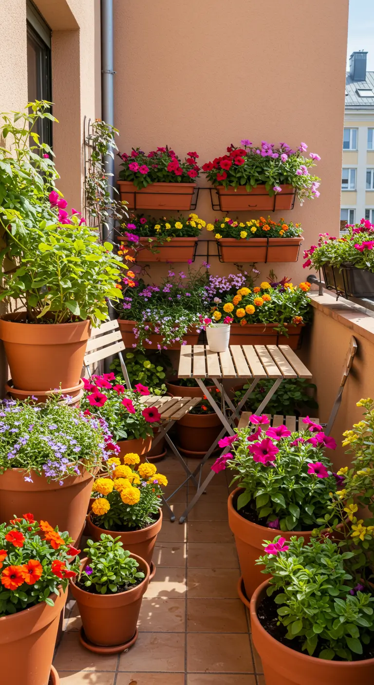 Balcon fleuri avec jardinières murales et pots en terre cuite remplis de fleurs colorées