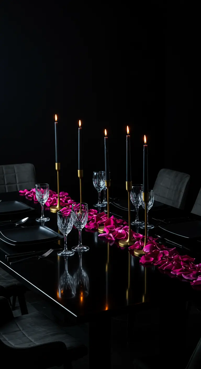 Table de dîner noire et moderne avec un chemin de pétales de roses fuchsia et de hautes bougies.
