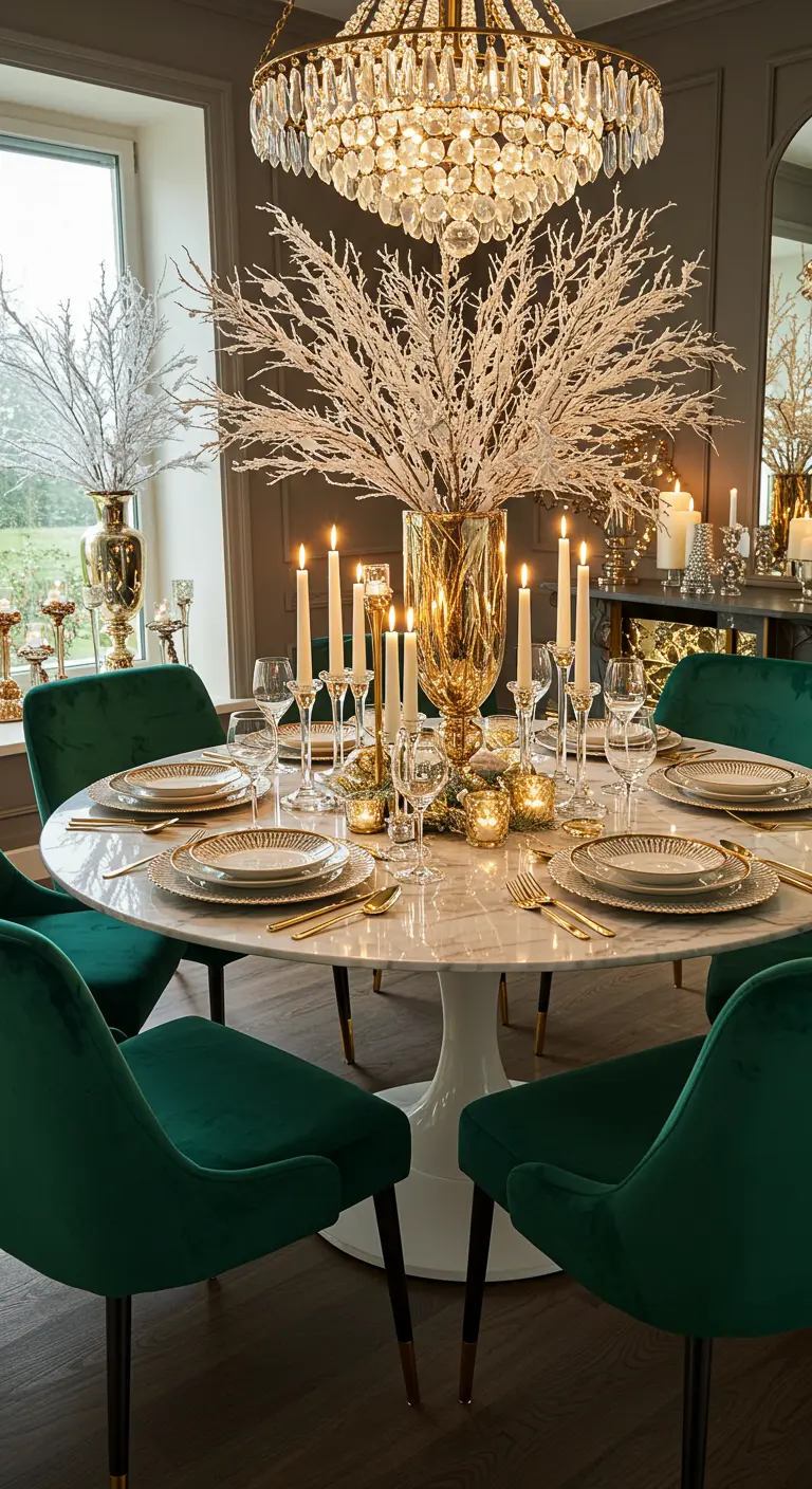 Table de Noël luxueuse avec vase doré, branches blanches et chaises en velours vert.