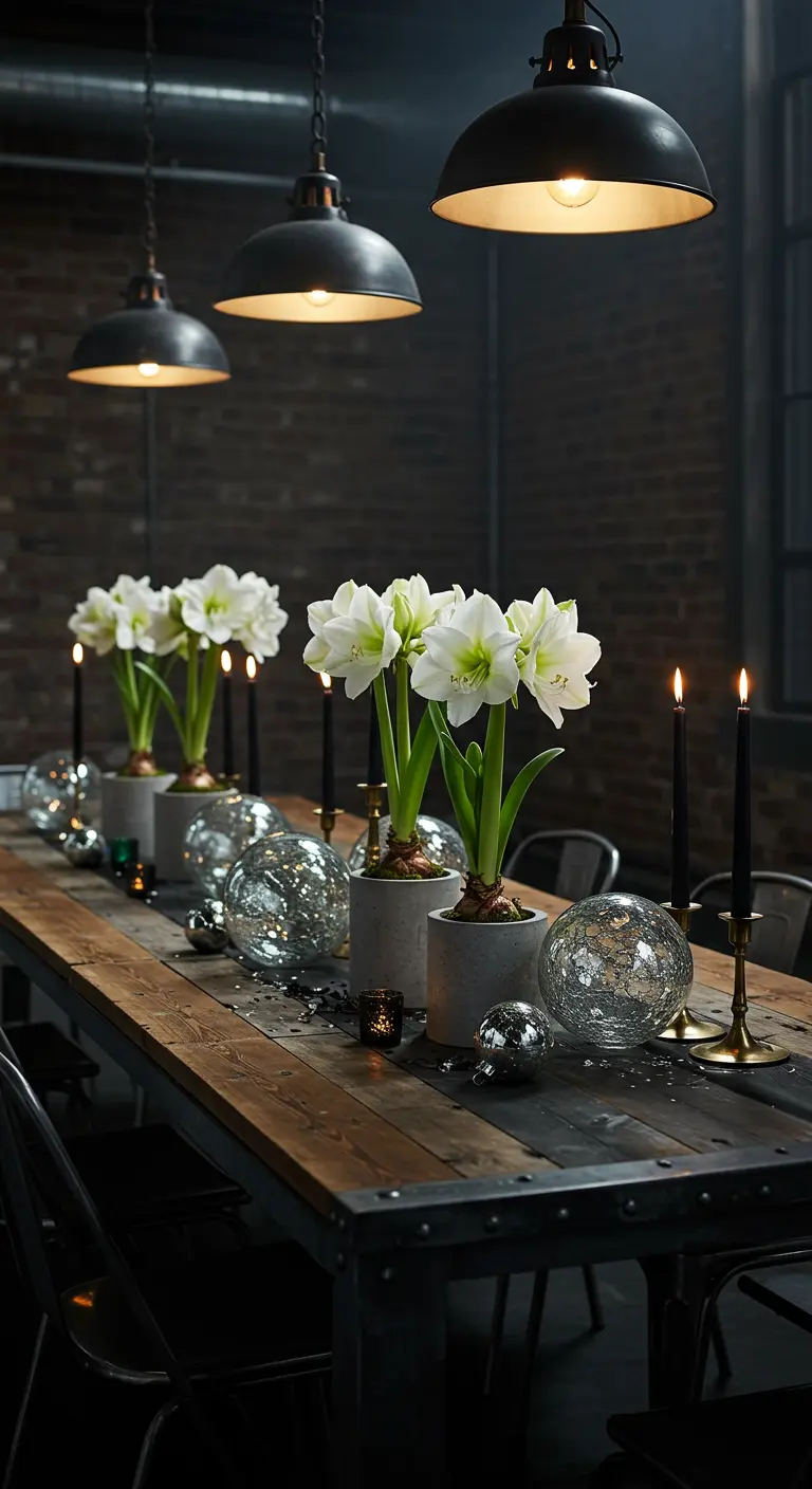 Table industrielle avec amaryllis blanches dans des pots en béton et boules de verre.