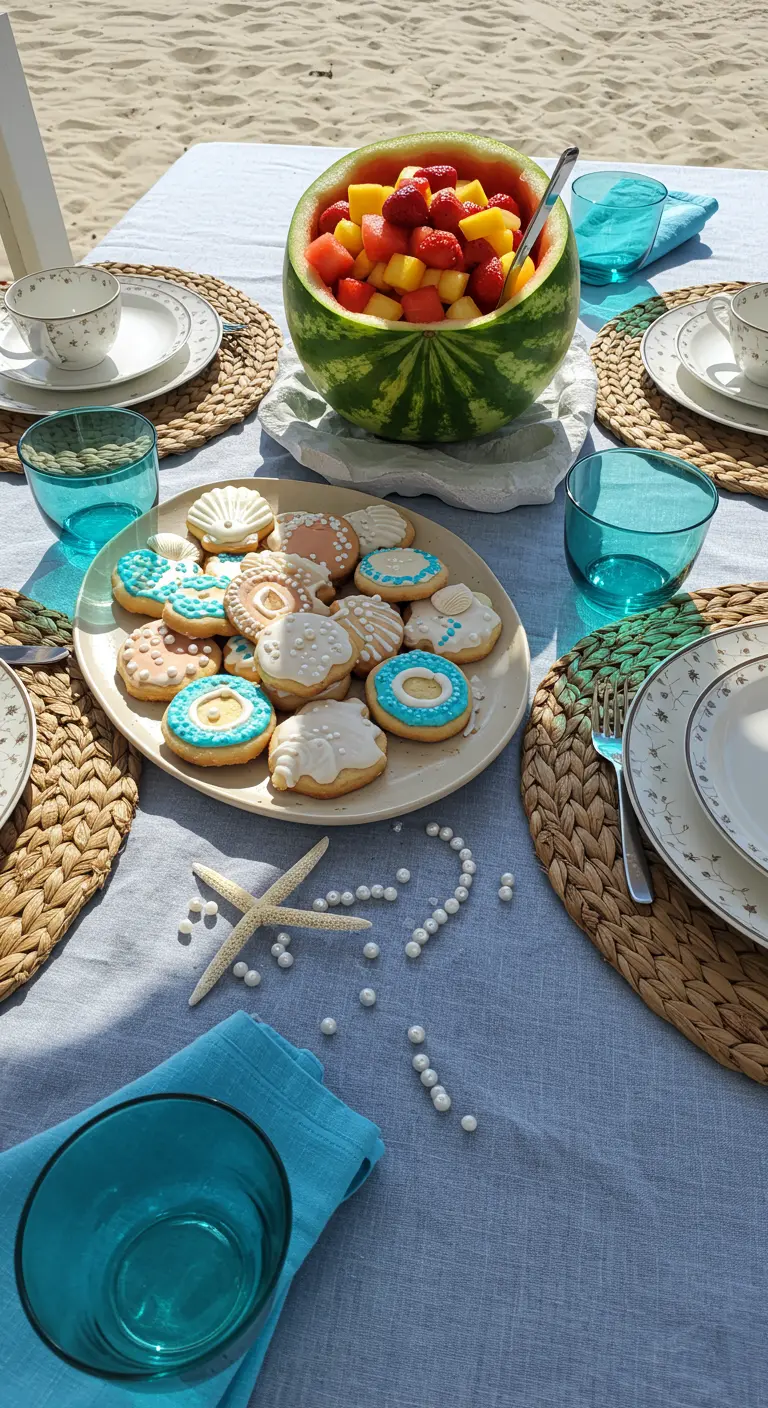 Déjeuner sur la plage avec pastèque coupée en bol, salade de fruits, biscuits coquillages et décor marin.