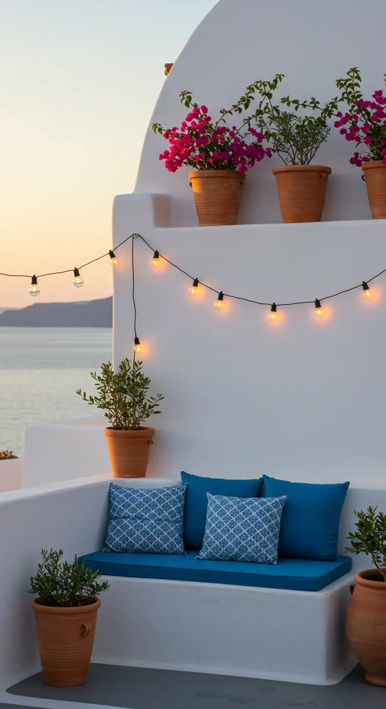 Balcon blanc de style méditerranéen avec banquette bleue et bougainvilliers.
