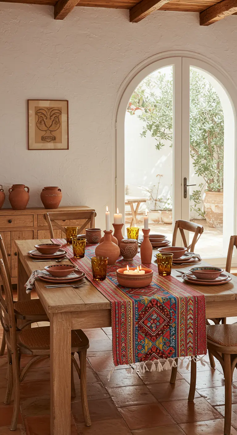 Chemin de table tissé coloré sur table en bois avec vaisselle en terre cuite et bougies
