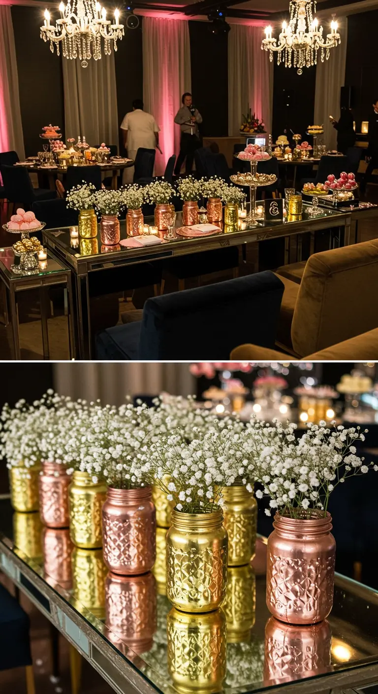 Bocaux métallisés or et cuivre rose avec du gypsophile sur une table miroir.