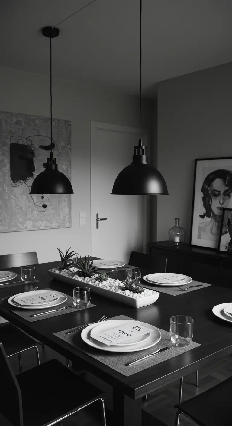 Table moderne monochrome noire et blanche avec plateau de succulentes et vaisselle épurée