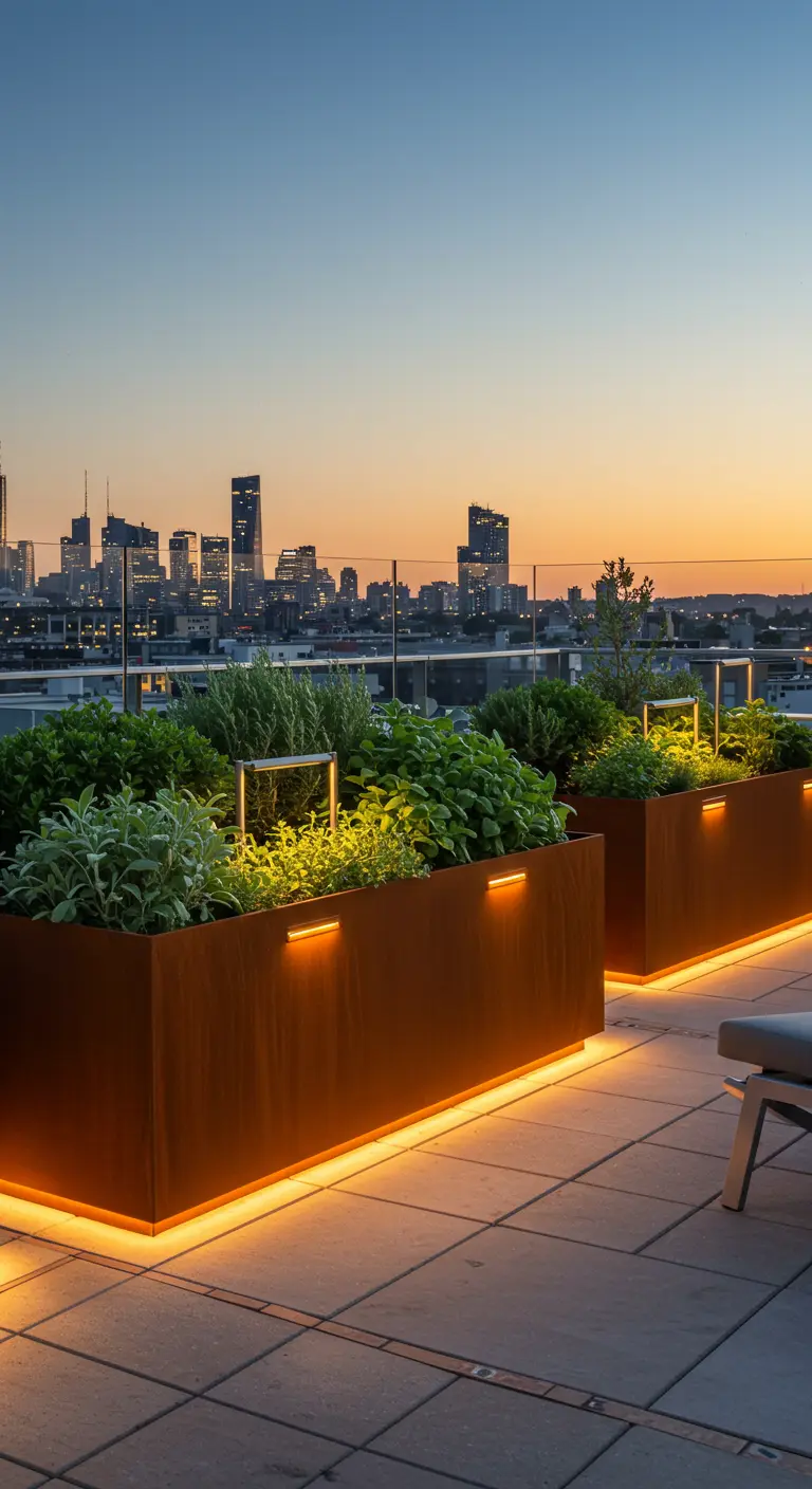 Jardinières lumineuses en acier Corten remplies d'herbes sur un toit-terrasse urbain au crépuscule.