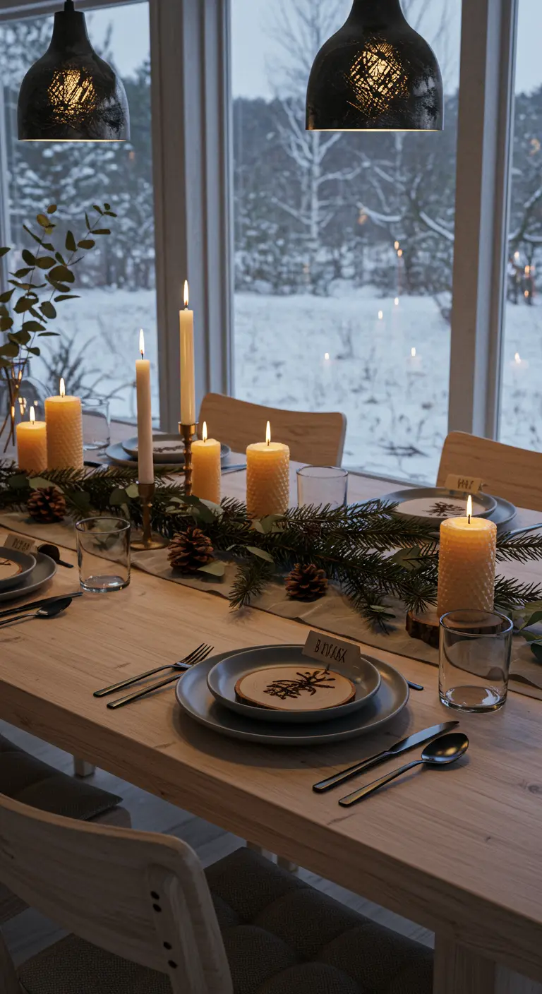 Table de Noël d'inspiration scandinave avec des bougies, des pommes de pin et des branches de sapin.