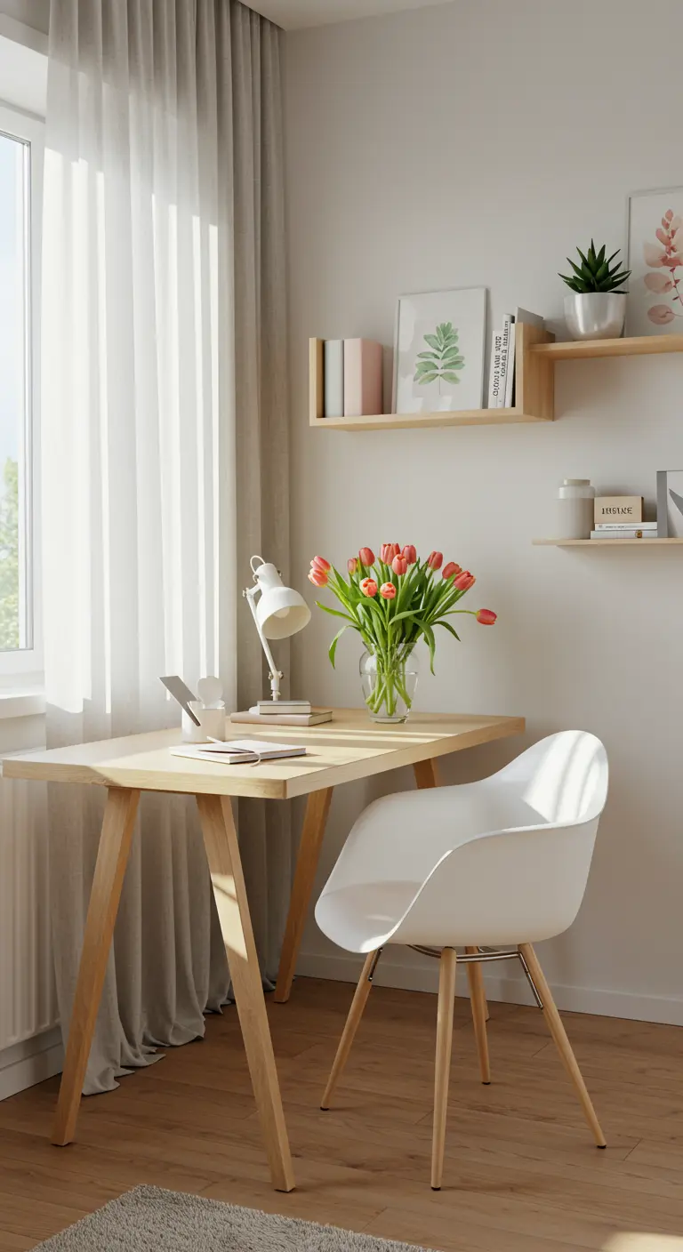 Bureau minimaliste en bois clair avec un vase de tulipes roses et des étagères murales.
