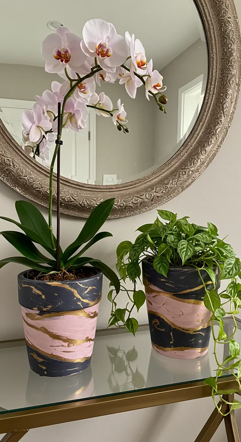 Pots marbrés rose poudré, gris et or avec orchidée et plante grimpante, décor élégant.