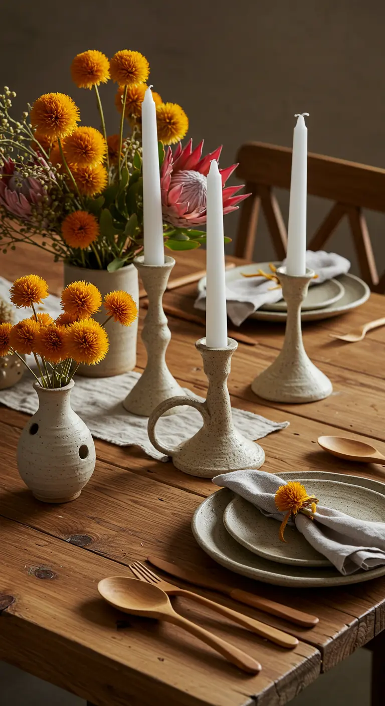 Table en bois, vaisselle en céramique, bougeoirs rustiques, fleurs orange et une protea.