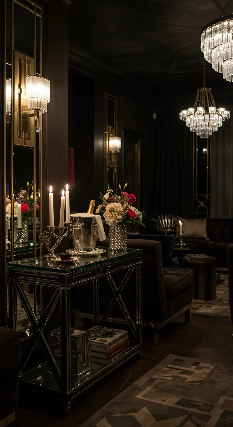 Console miroir avec champagne, fleurs et bougies dans une ambiance de soirée glamour.