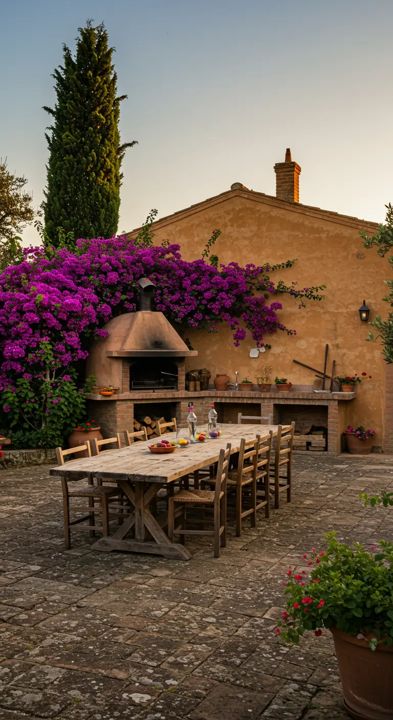 Cuisine d'été toscane avec four à pizza en brique et bougainvilliers violets.