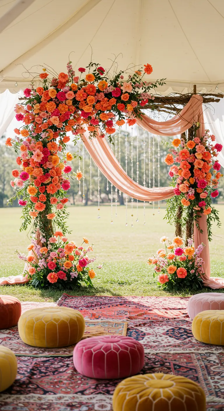 Arche rustique avec fleurs orange/rose vif, drapés pêche, perles, tapis et poufs velours colorés.