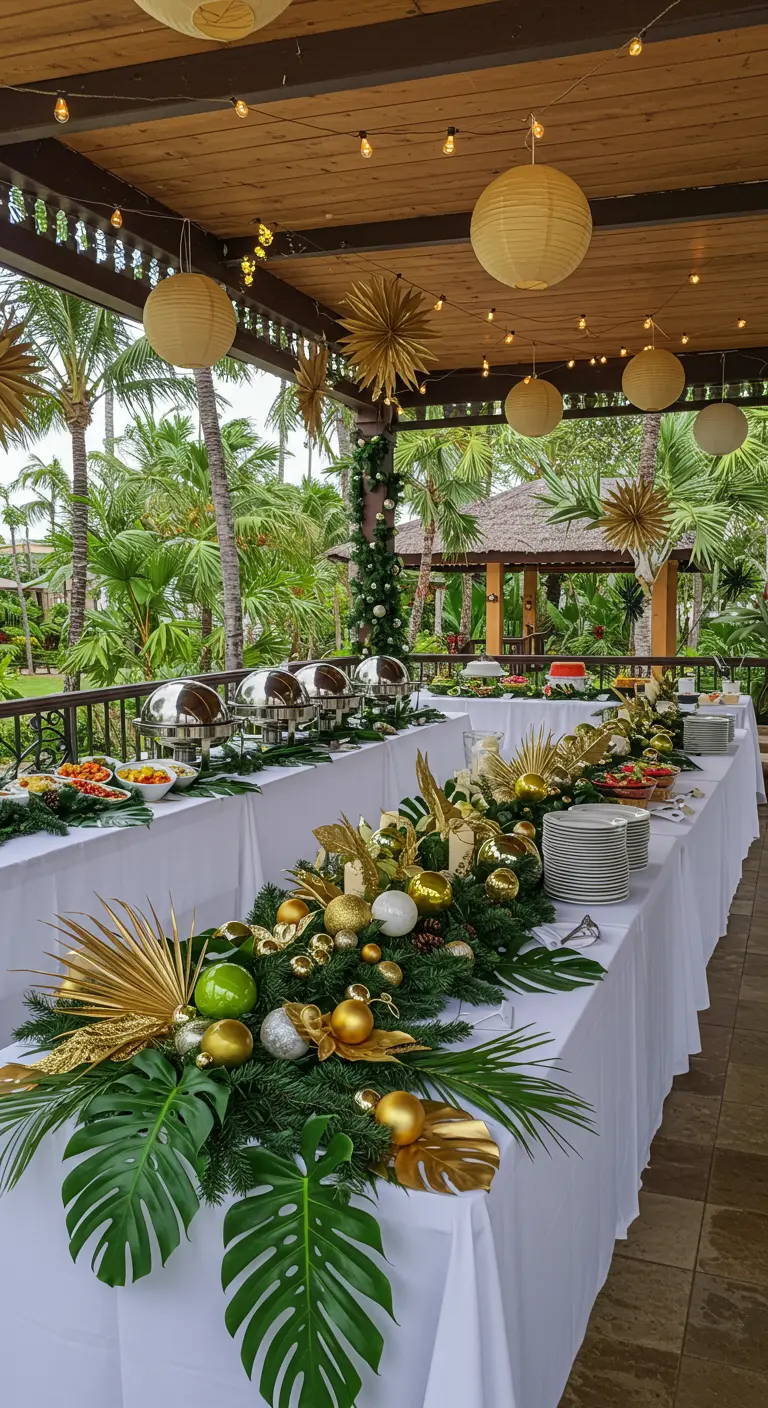 Longue table de buffet avec chemin de table sapin, palmes dorées, boules vertes/dorées en extérieur tropical.