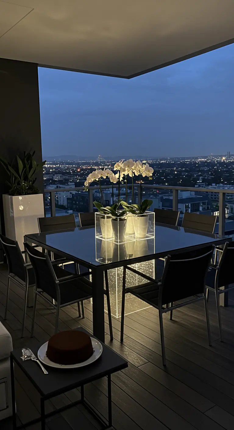 Table de dîner sur un rooftop, orchidées blanches illuminées avec vue sur la ville.