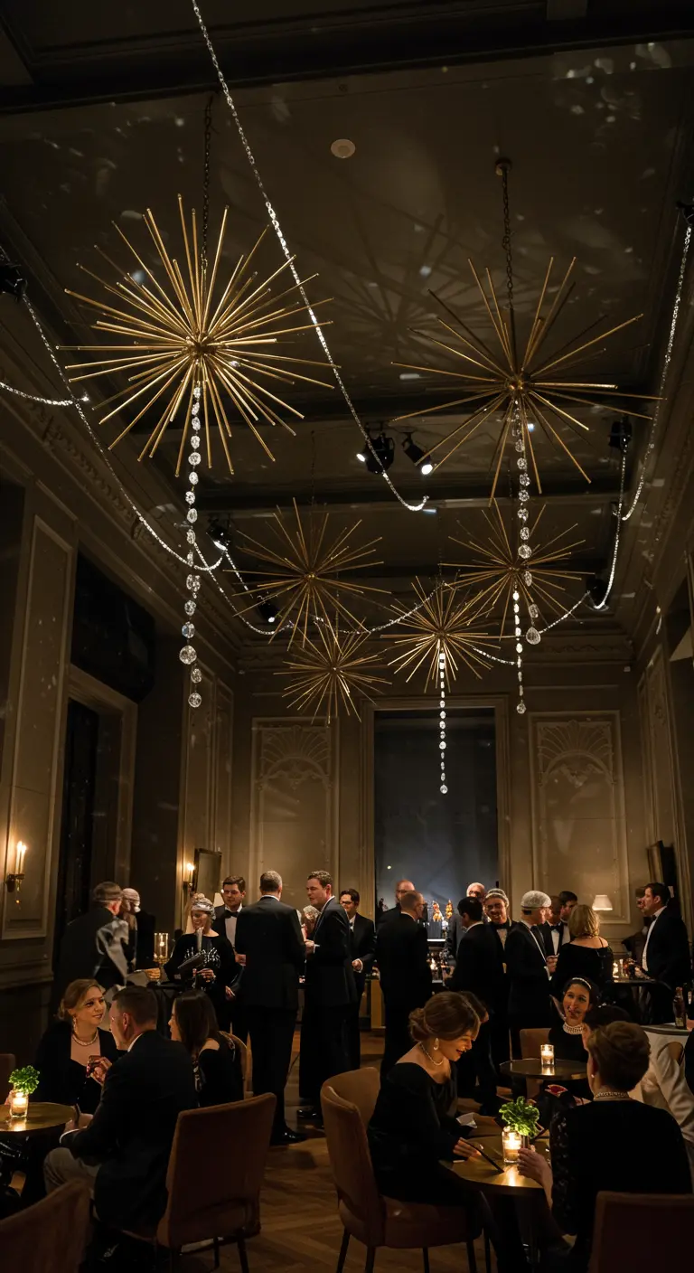Lustres dorés en forme d'étoiles explosives dans une salle de réception chic.
