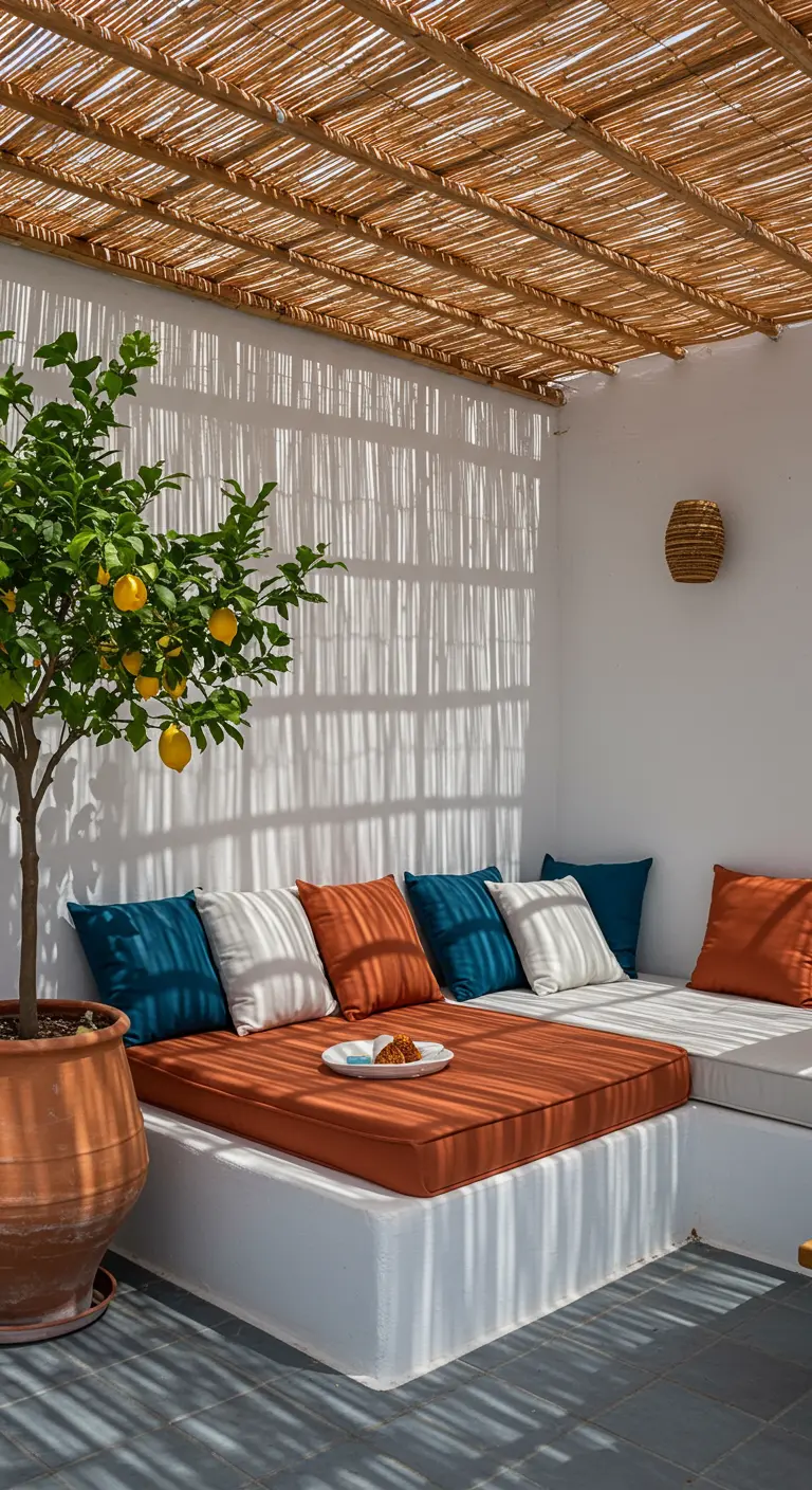 Patio de style grec avec des coussins bleus et orange et un citronnier en pot.