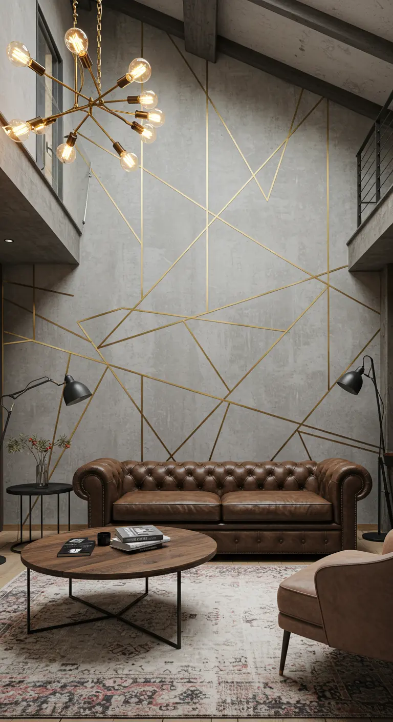 Mur effet béton ciré avec des lignes dorées géométriques dans un loft.