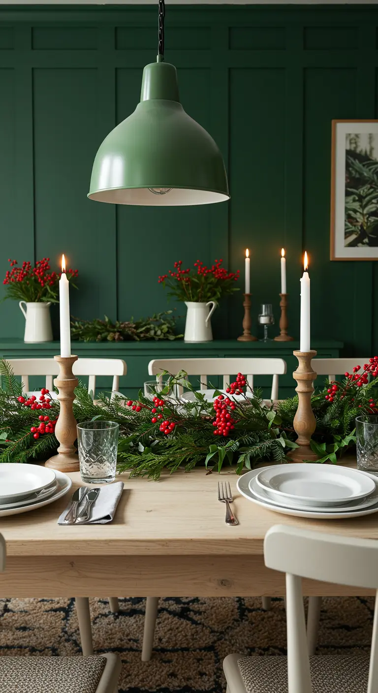 Table de Noël avec une guirlande de sapin et de baies rouges, et des murs verts.
