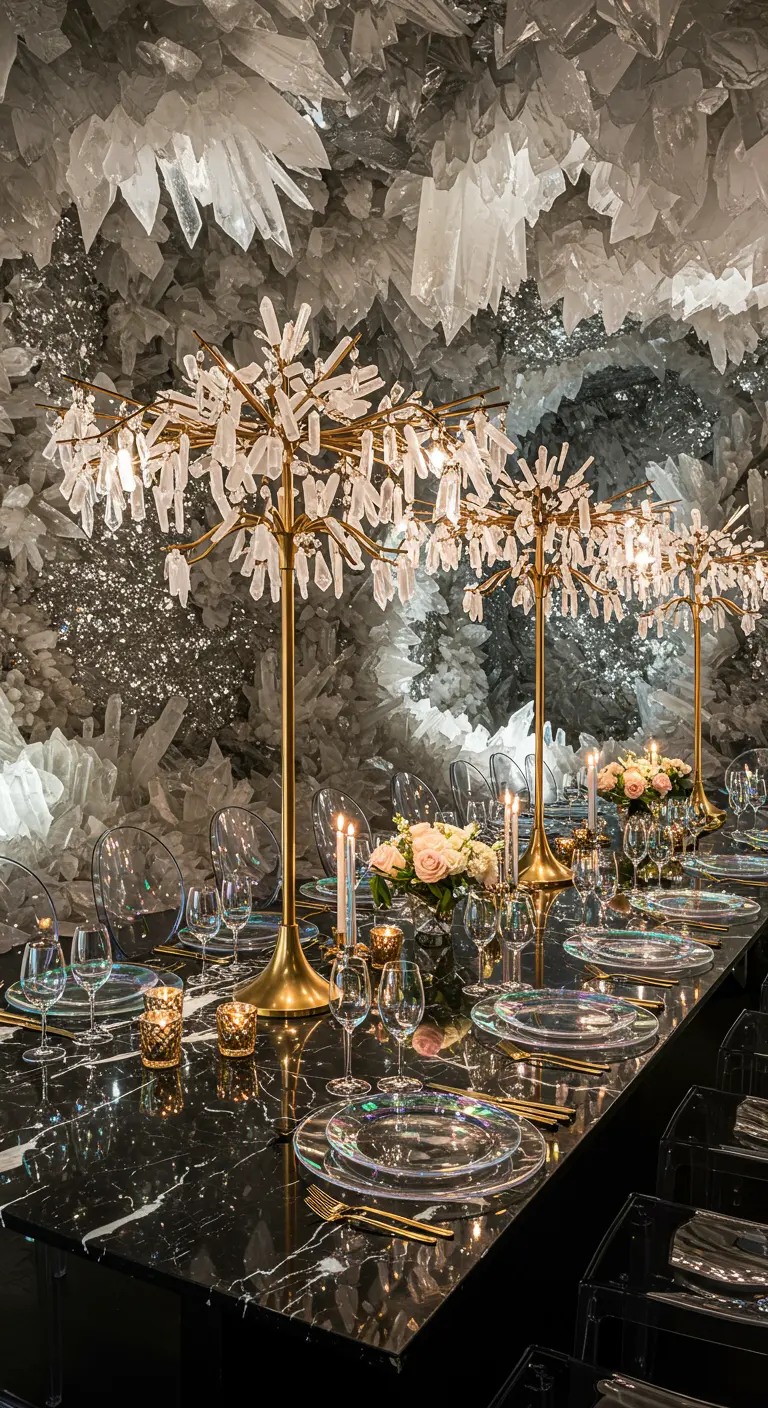 Table de fête luxueuse dans une grotte de cristal, centres de table lumineux.
