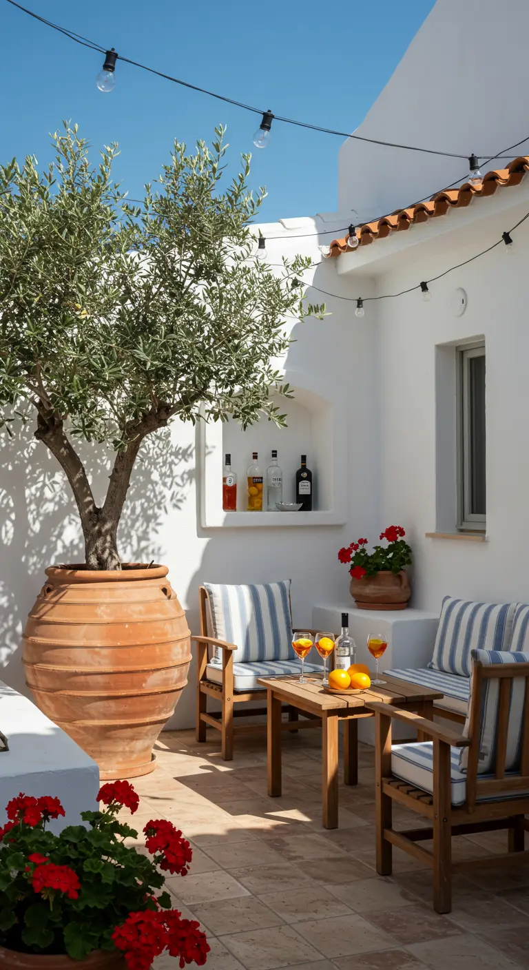 Patio méditerranéen avec un olivier en pot, des murs blancs et du mobilier en bois.