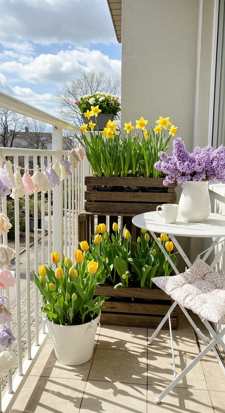 Balcon ensoleillé avec des tulipes et des jonquilles dans des caisses en bois.