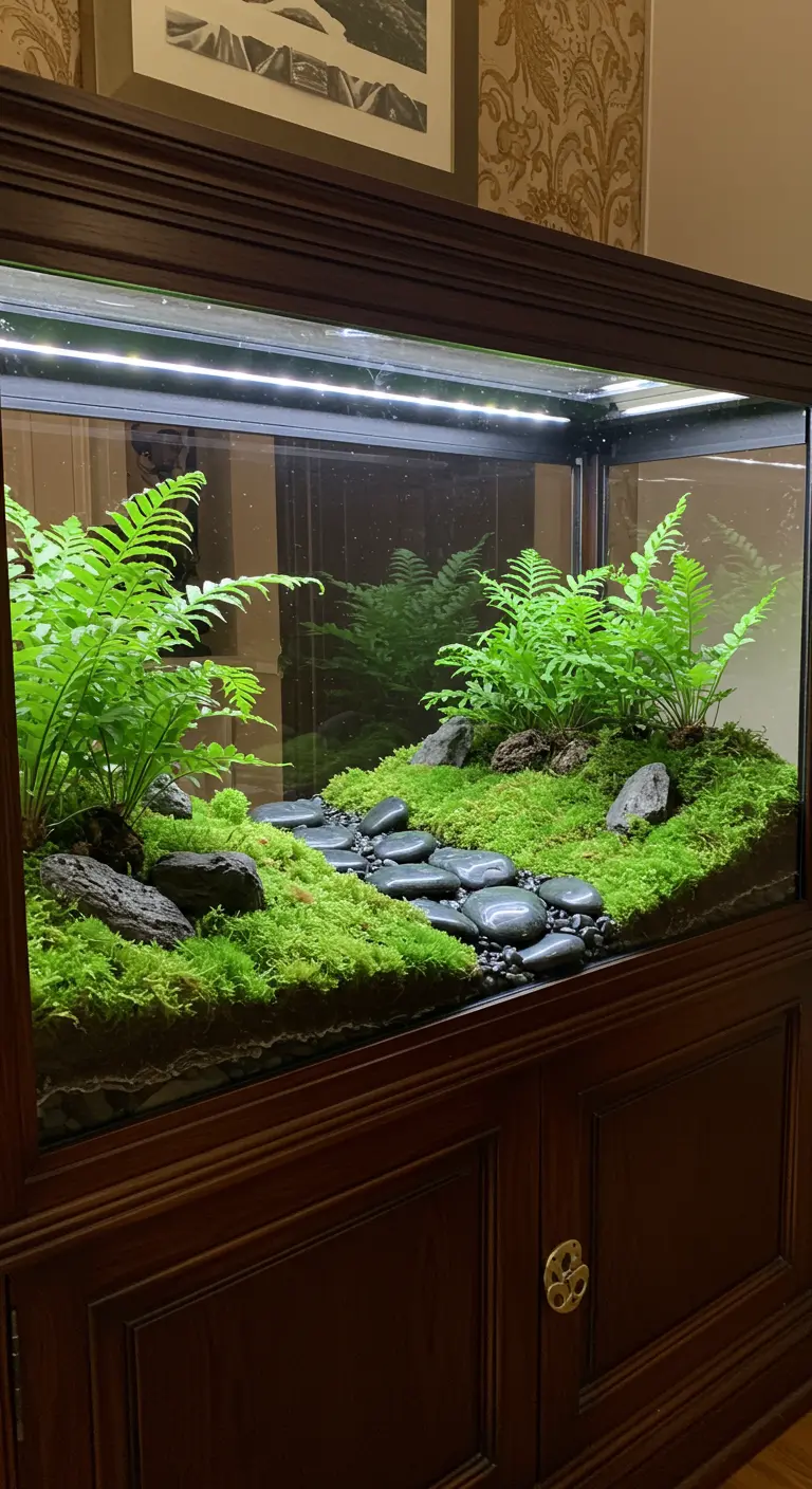 Grand terrarium horizontal encastré dans un meuble en bois, avec fougères, mousse et un chemin de pierres sombres.