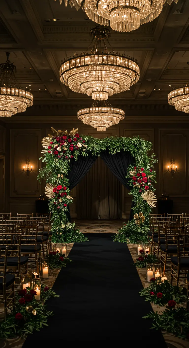 Arche de verdure et fleurs rouges avec drapé noir et lustres.