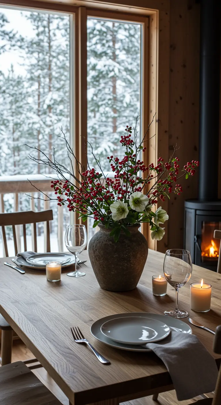 Bouquet d'hiver avec des hellébores et des baies rouges dans un chalet enneigé.