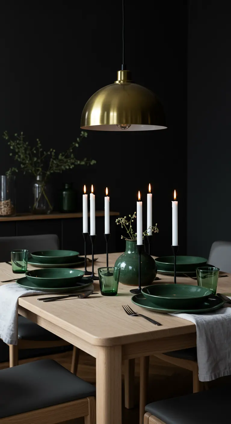 Table de fête devant un mur noir, avec vaisselle verte et suspension en laiton.