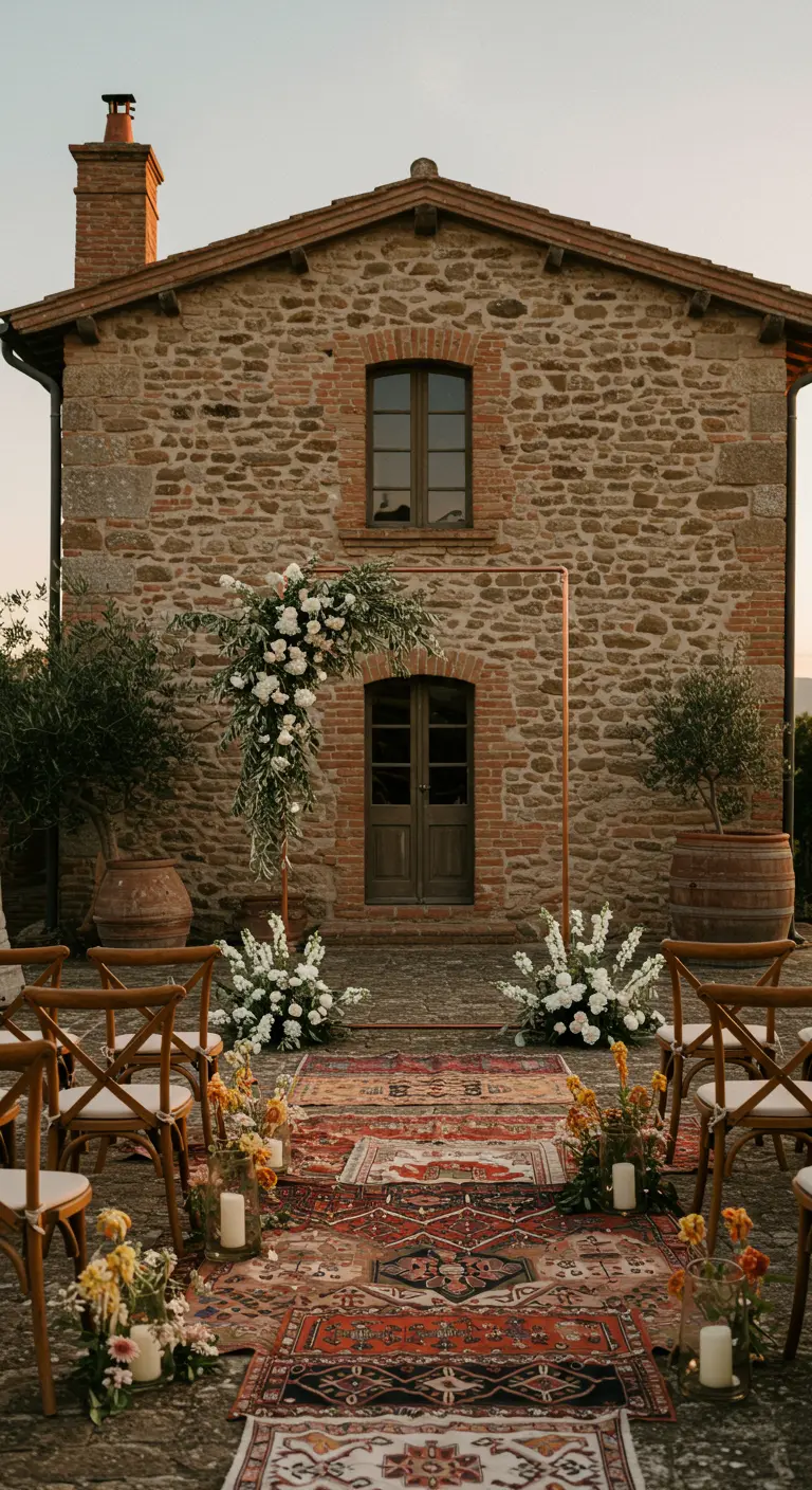 Arche de mariage asymétrique devant une maison en pierre, avec un tapis persan.