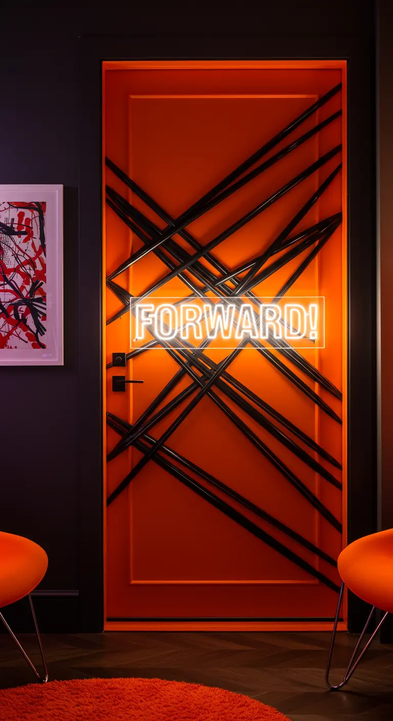 Porte orange décorée de lignes noires, néon 