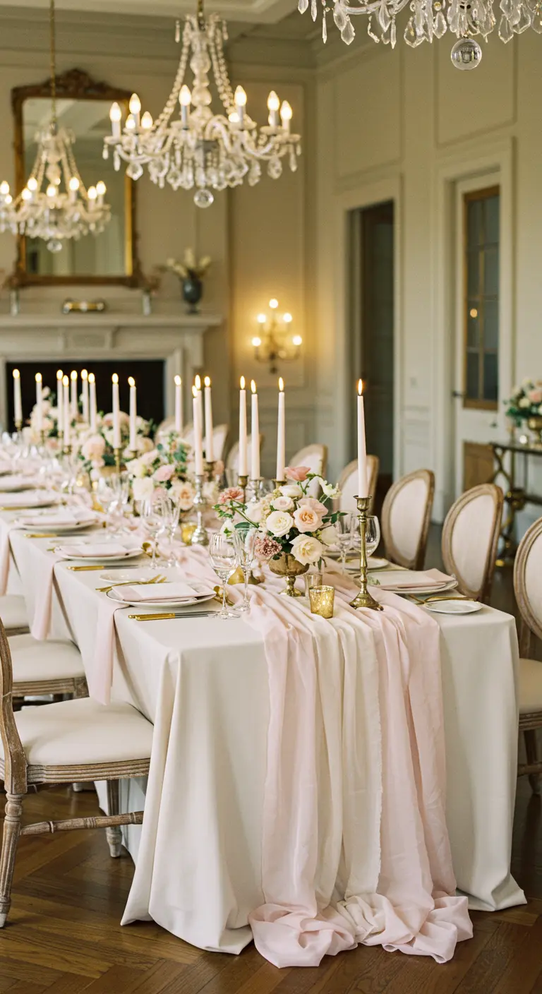 Table de réception élégante avec chemin de table rose pâle en mousseline, fleurs et chandeliers dorés.