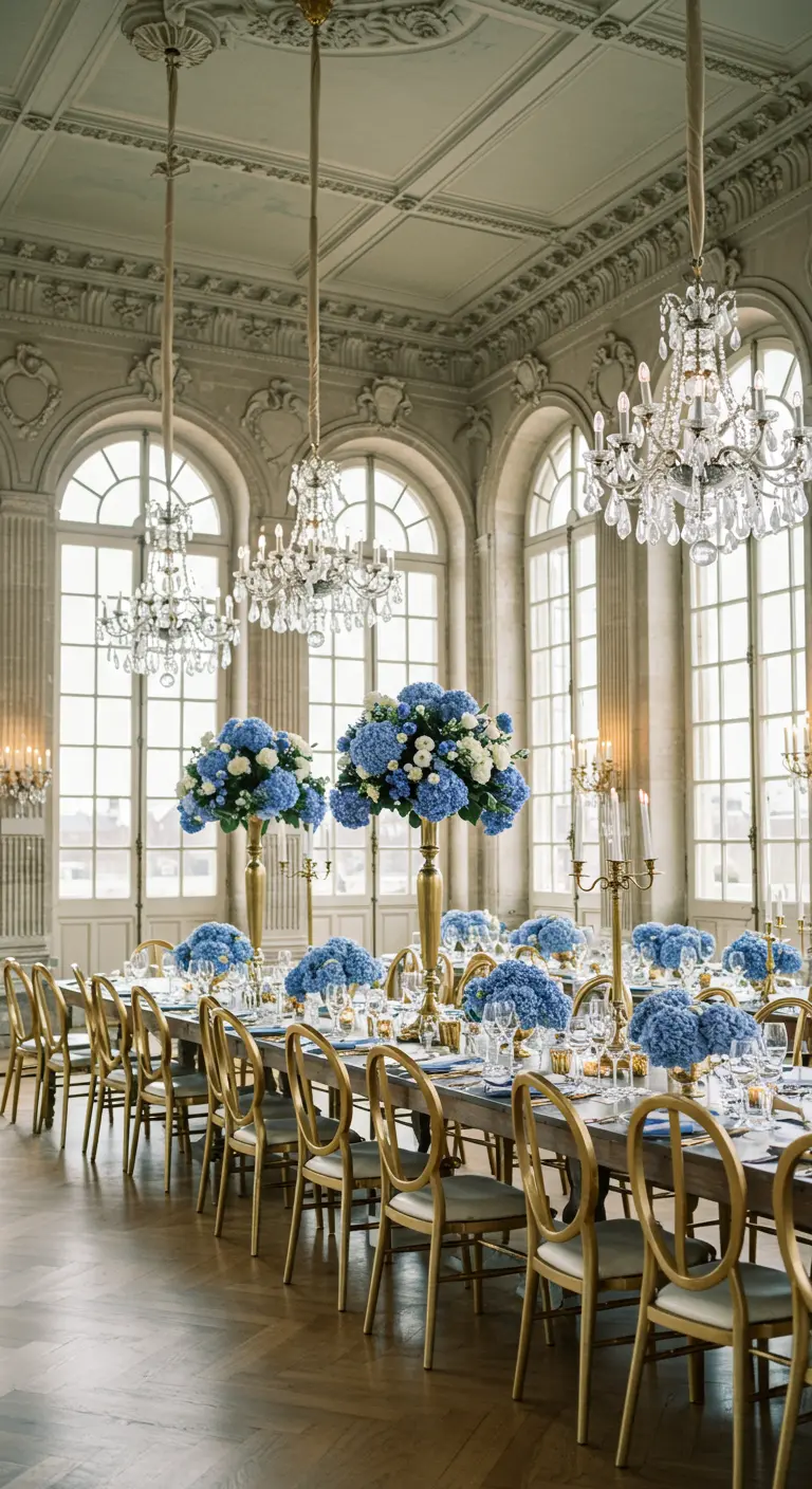 Salle de réception style château avec de hauts centres de table d'hortensias bleus.