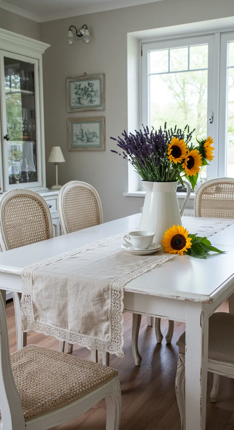 Chemin de table en lin écru avec bordure en dentelle, vase de lavande et tournesols.