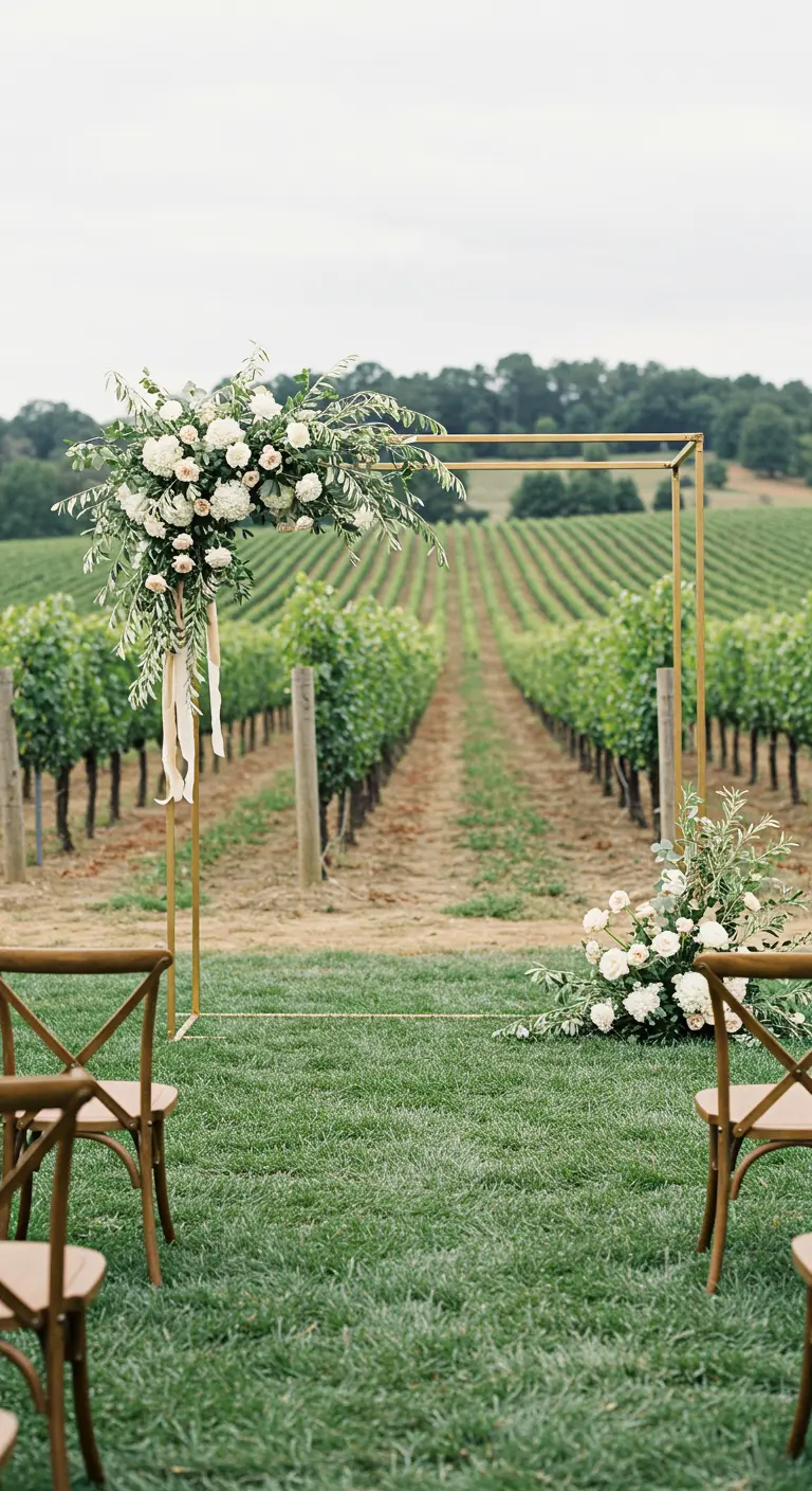 Arche carrée dorée avec un bouquet de fleurs blanches dans un vignoble.
