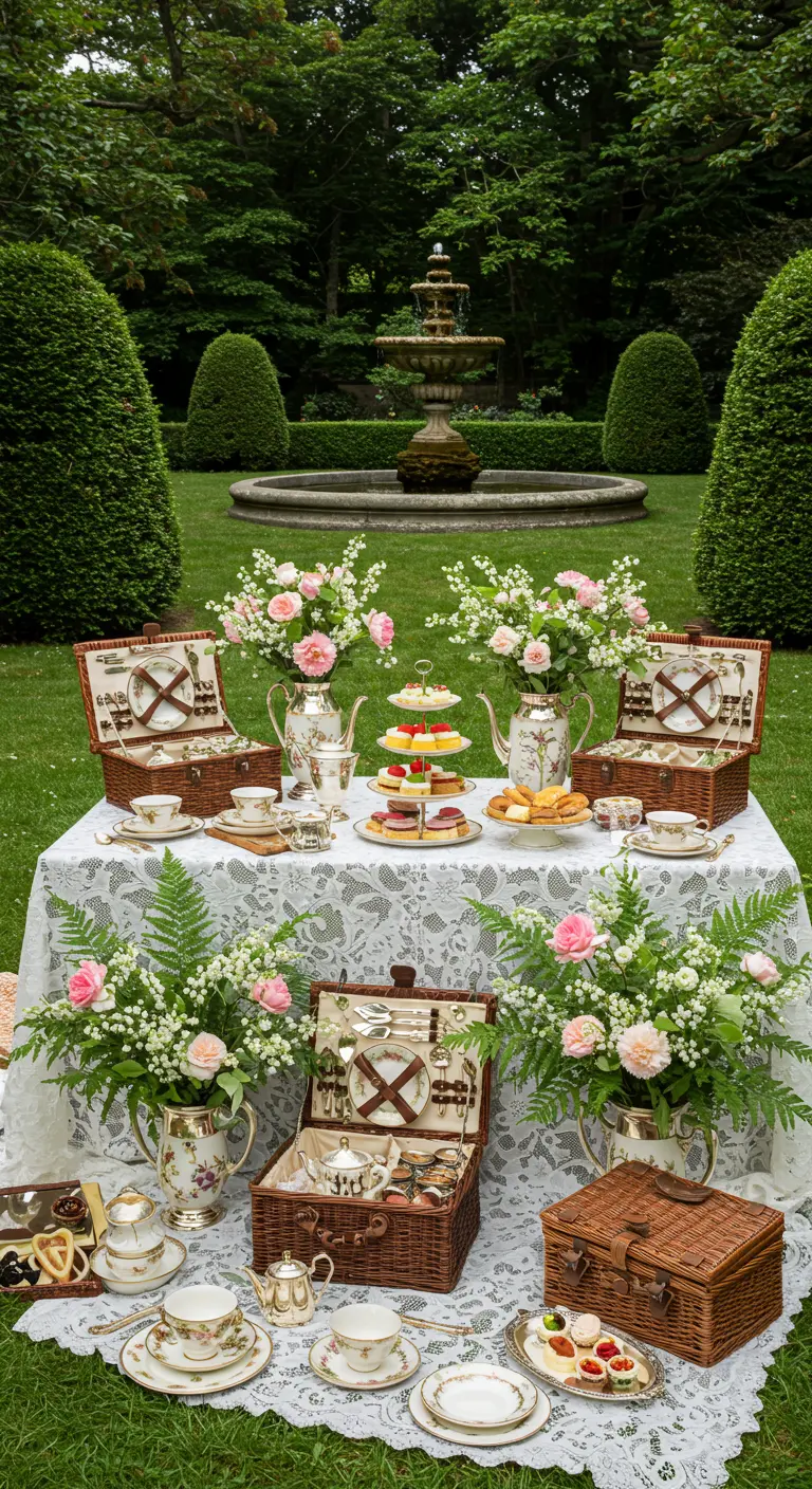 Grand thé de l'après-midi en jardin avec nappe en dentelle, paniers de pique-nique, fleurs roses et pâtisseries.