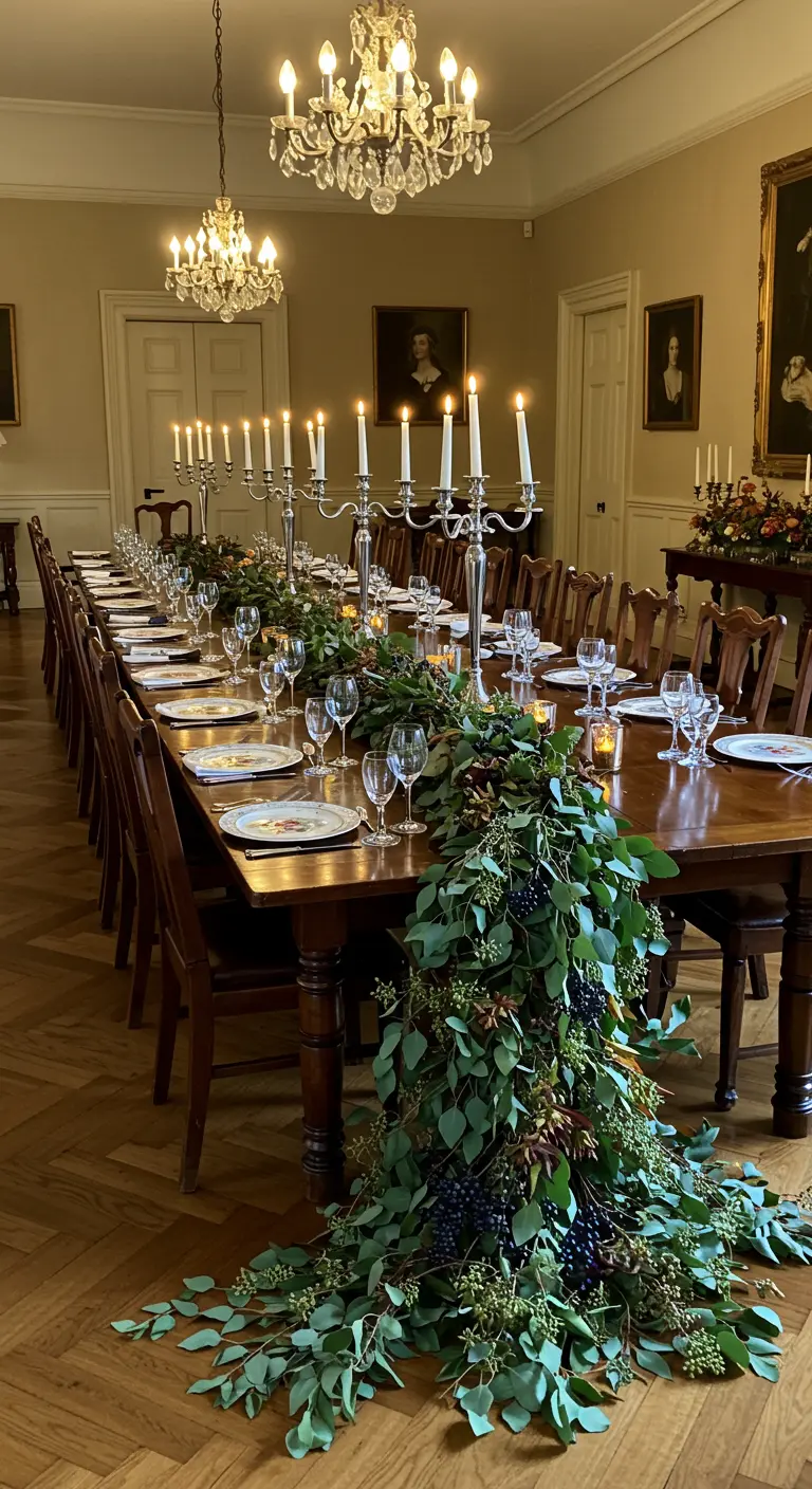 Longue table de banquet formelle avec une cascade de feuillage et des chandeliers en argent.