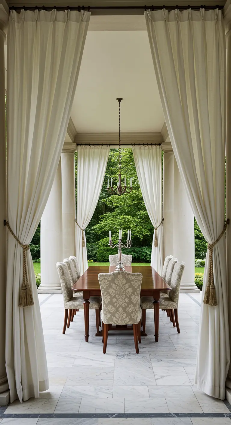 Patio classique avec colonnes, rideaux opulents et lustre