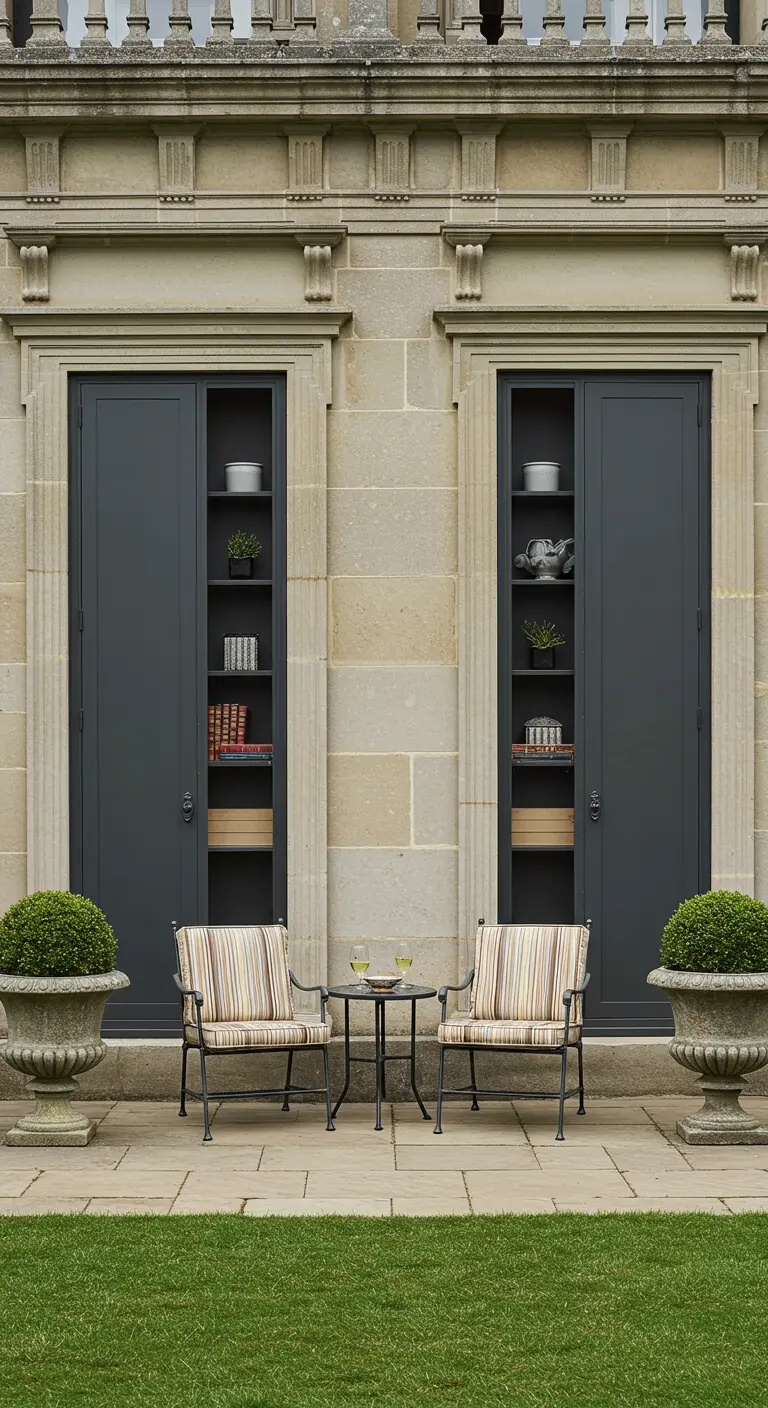 Deux bibliothèques murales noires et symétriques sur une terrasse classique.
