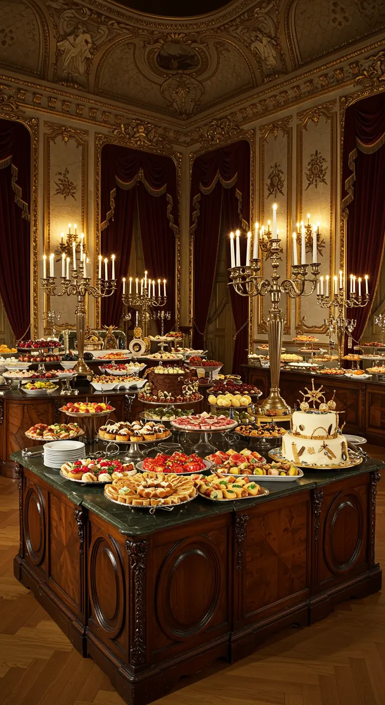 Buffet classique dans une salle somptueuse, mobilier en bois, rideaux rouges, lustres.