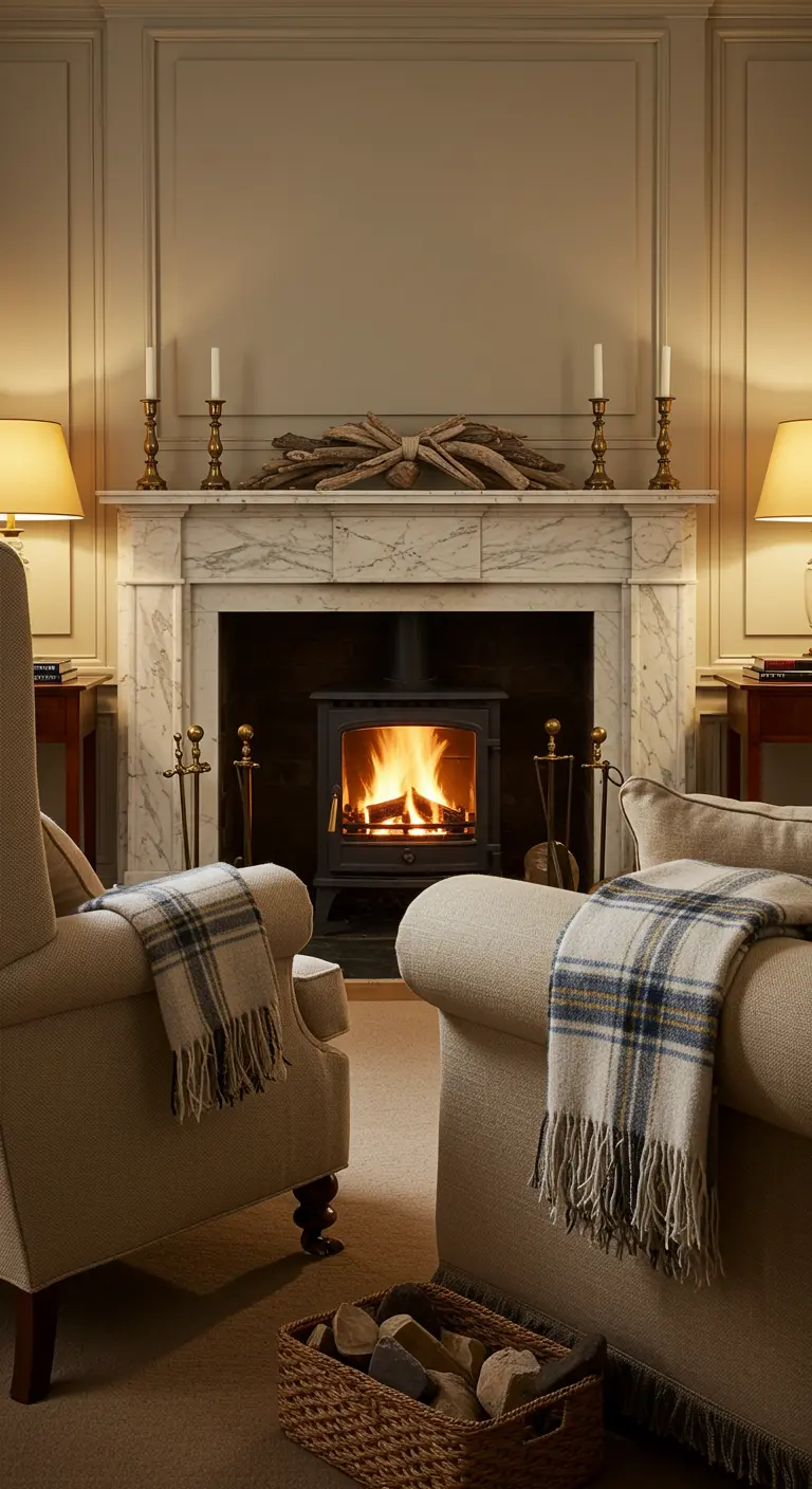 Salon classique avec cheminée en marbre et fauteuils recouverts de plaids.