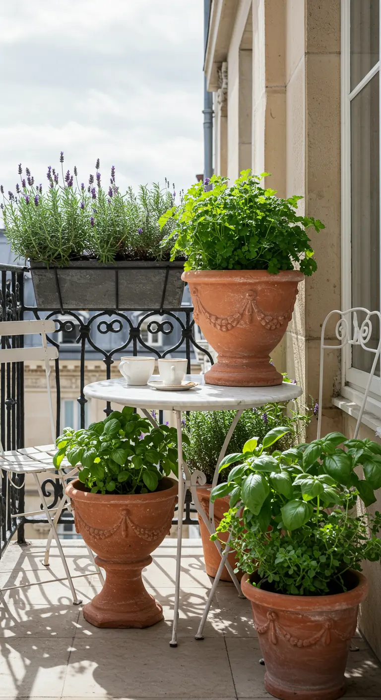 Balcon élégant avec de grands pots en terre cuite sculptés d'herbes, une table en marbre et des chaises en fer forgé.