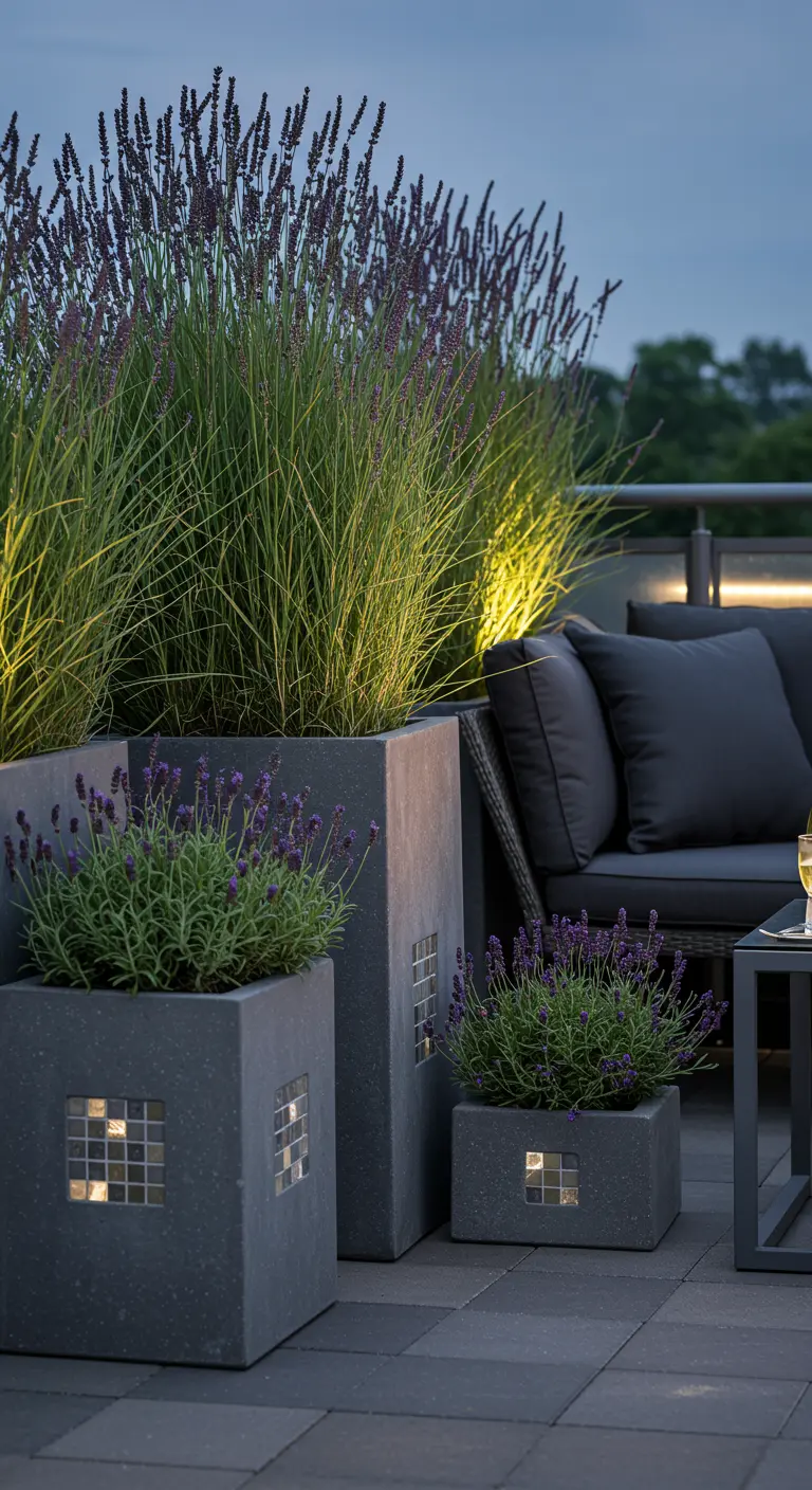 Terrasse moderne avec jardinières en béton, lavande, graminées, mosaïque lumineuse et canapé d'extérieur