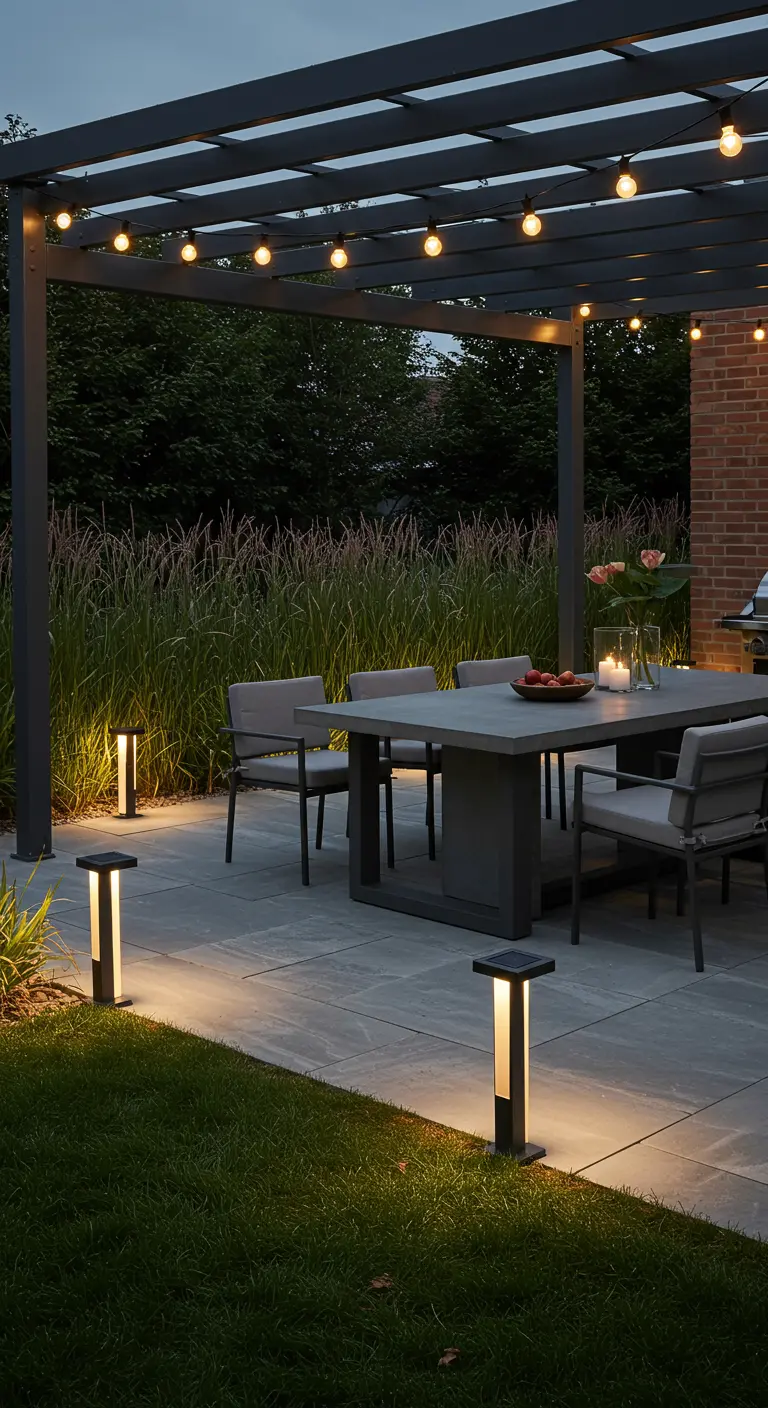 Patio moderne avec pergola, guirlandes solaires et balises lumineuses au sol.