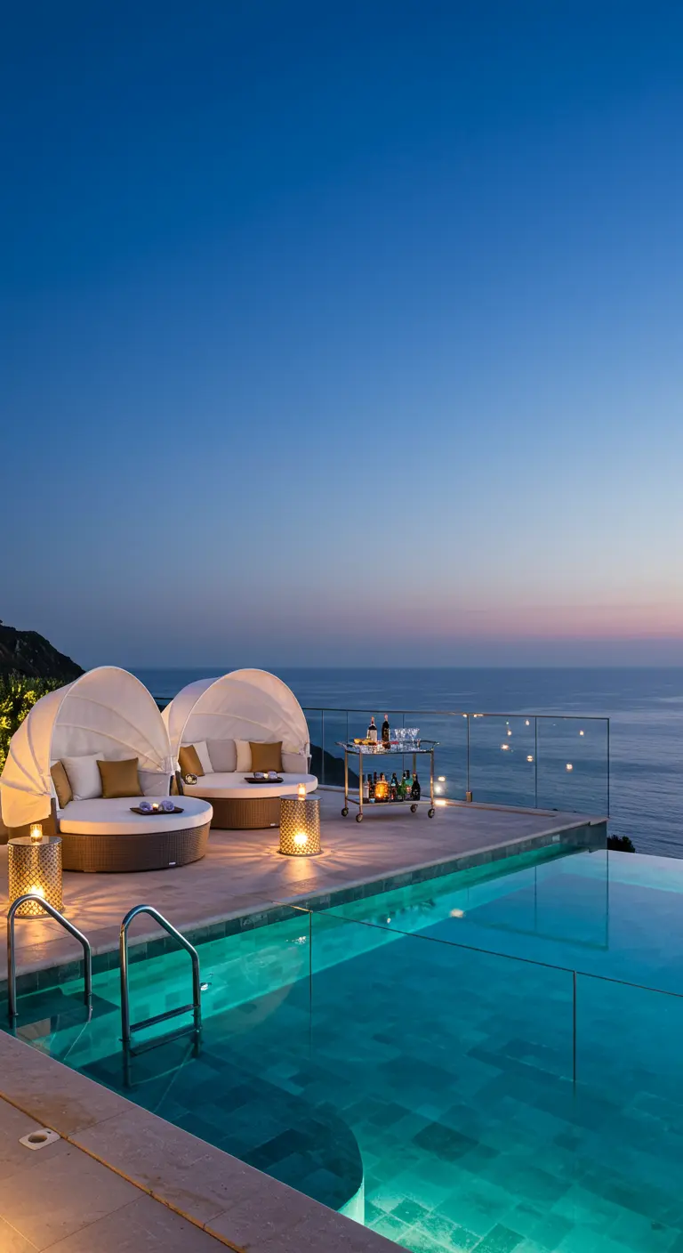 Cabanas de luxe avec vue sur l'océan, piscine à débordement et chariot de bar.