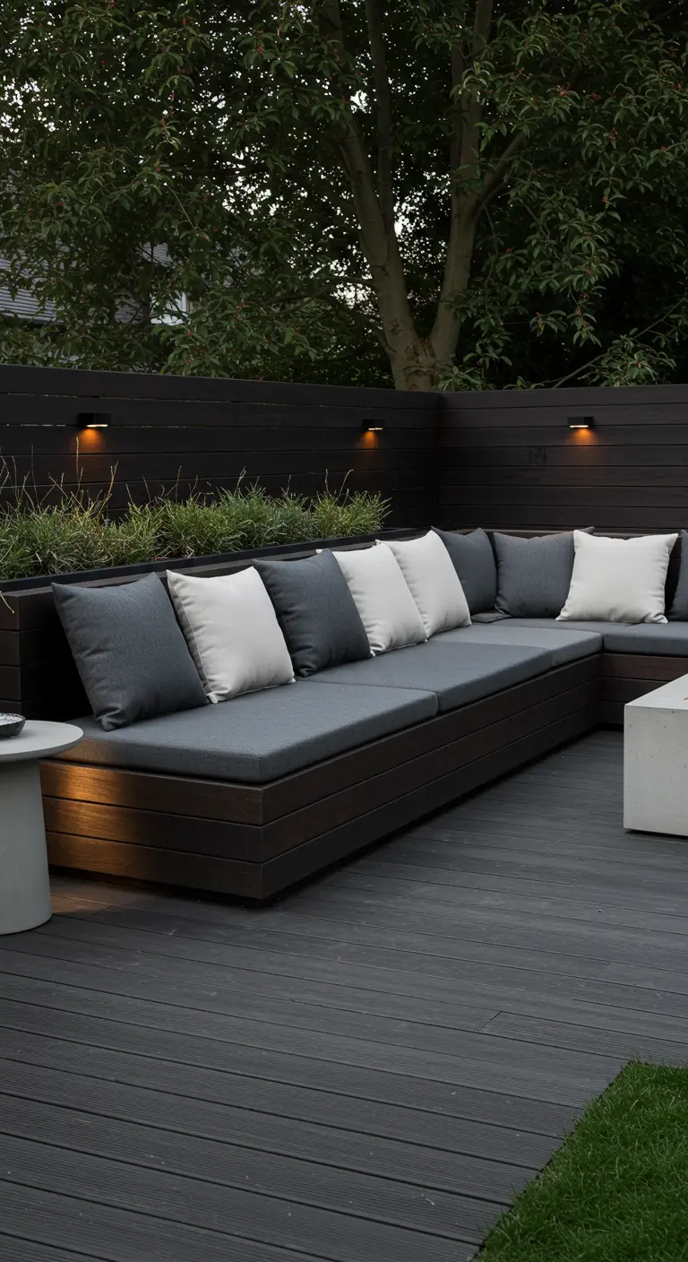 Longue banquette sombre sur terrasse moderne, coussins blancs et jardinière intégrée.