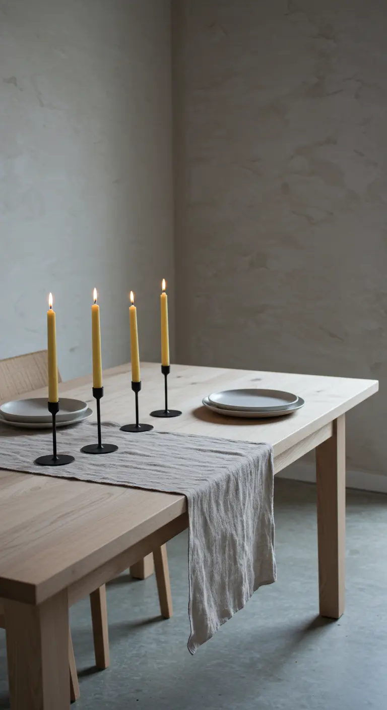 Chemin de table en lin gris clair avec bougeoirs noirs minimalistes sur table en bois clair