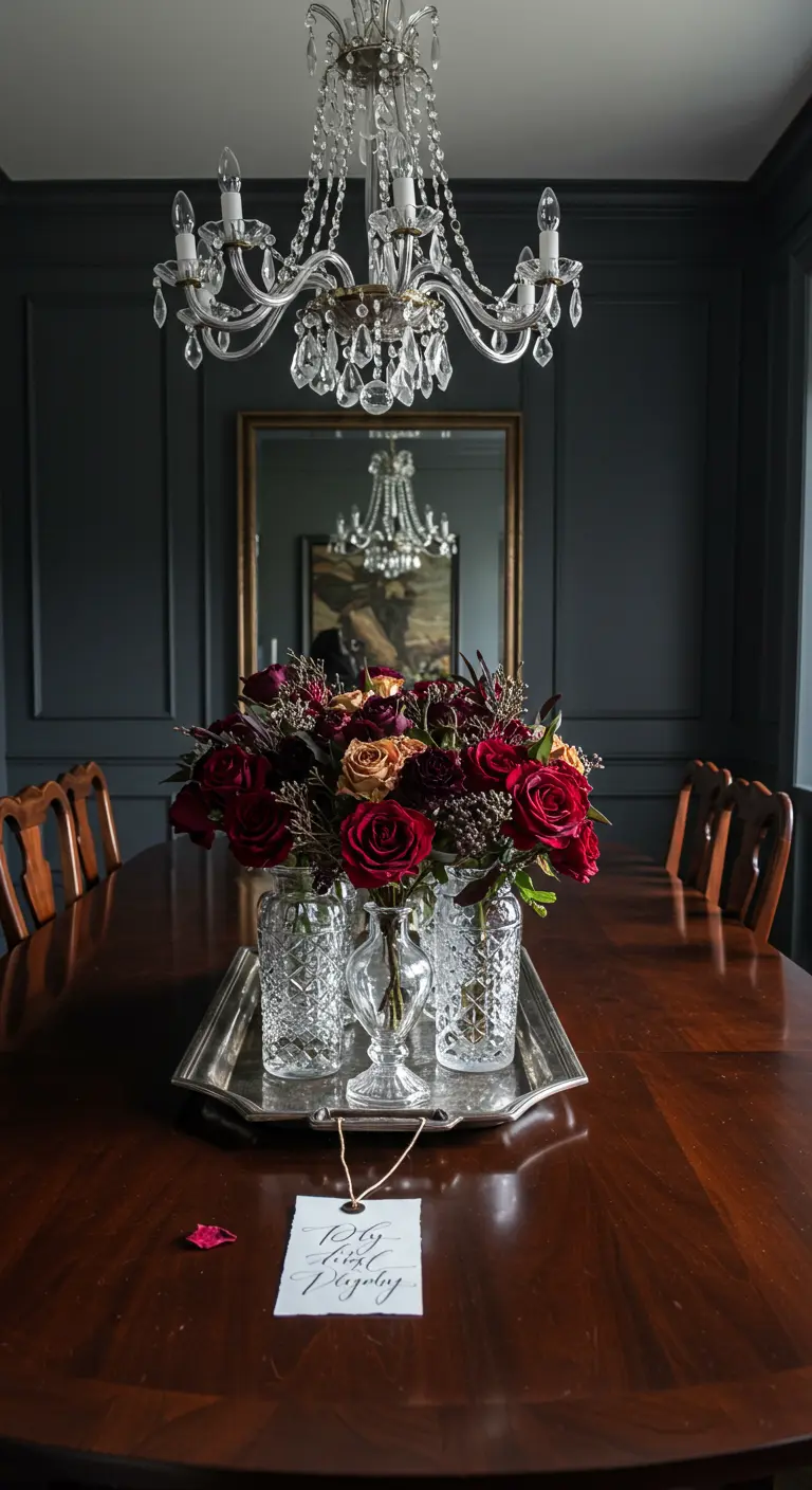 Bouquet de roses rouges dans des vases en cristal sur un plateau en argent, ambiance feutrée.